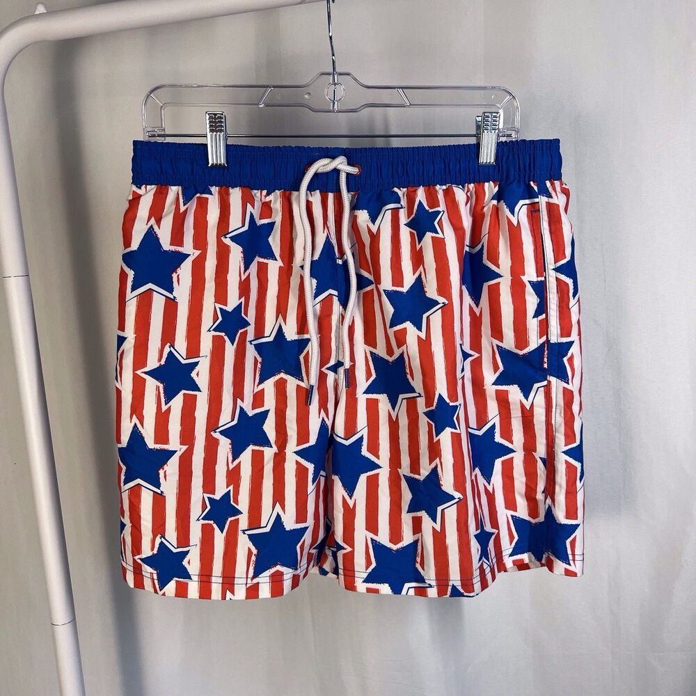 Men's Patriotic Swim Shorts Trunks Size M 32-34 Red White Blue Stars 6" Inseam